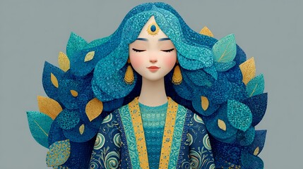 Stylized fantasy woman with floral hair and serene meditative face