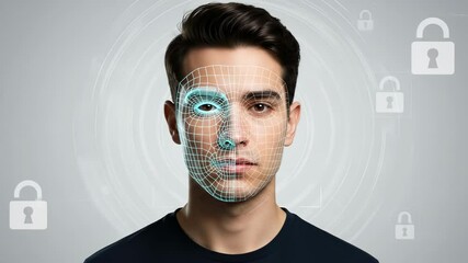 Facial Recognition: A Caucasian man in his 20s undergoing a biometric face scan for security access with digital grid and lock icons. - Powered by Adobe