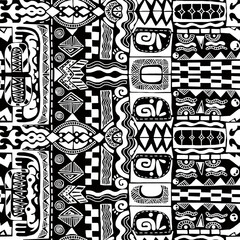 A black and white hand-drawn drawing in the Mexican style.Seamless pattern.	
