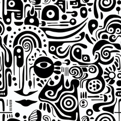 A black and white hand-drawn drawing in the Mexican style.Seamless pattern.	
