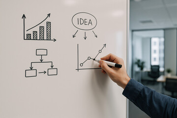 Business person drawing idea flowchart and growth graphs on whiteboard in office setting