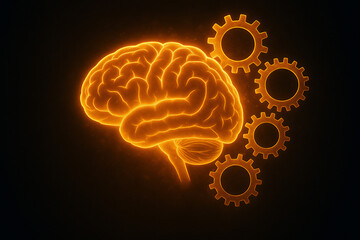 Glowing brain with mechanical gears representing artificial intelligence and cognitive process