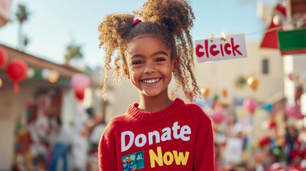 Charity event: Portrait of a smiling girl with a 'Donate Now' sweater at a fair, for fundraising and social causes.