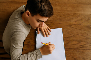 Young boy writing in spiral notebook on wooden desk during homework or creative activity