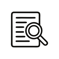 A line art icon depicting a document with text lines being examined by a magnifying glass.