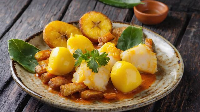 Ackee and saltfish, Traditional Caribbean dish, Served on a rustic plate with fried plantains, Rich yellow and red hues, Warm soft light, Bold and comforting
