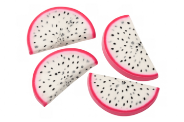 Dragon fruit slices revealing bright pink exterior, white interior dotted with black seeds, positioned against transparent backdrop