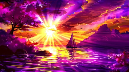 Fototapeta premium Vibrant seascape featuring a sailboat bathed in the colorful light of a surreal sunset
