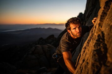 Naklejka premium A climber halfway up a rugged cliff face