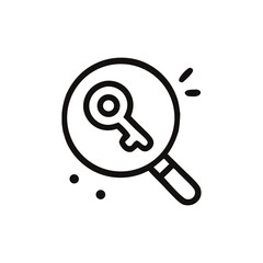 An icon depicting a key inside a magnifying glass, symbolizing search or solution.