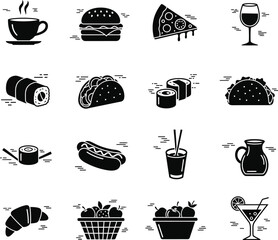 Collection of popular food and drink icons in a clean black and white style
