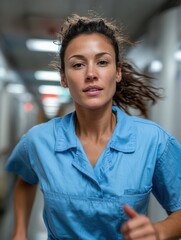 Fototapeta premium Woman Running Indoors in Athletic Clothing, Focused Expression, Fitness Enthusiast in Motion