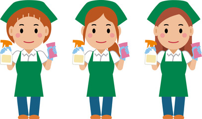 洗剤とスポンジを持つ緑エプロンの女性清掃員。その2