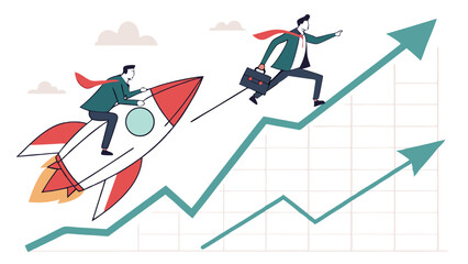Vector Growth and success in business, Two businessmen on rocket and running,