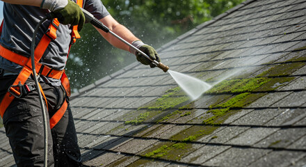 Worker cleaning moss from roof with high pressure washer during roof maintenance outdoor close-up for home improvement blogs
