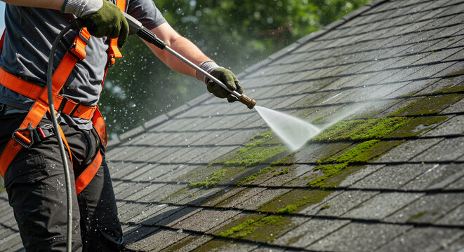 Worker cleaning moss from roof with high pressure washer during roof maintenance outdoor close-up for home improvement blogs