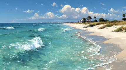 Fototapeta premium Photorealistic coastal view, turquoise waves crashing against white sandy beach.