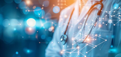 A healthcare professional in a white coat with a stethoscope, surrounded by digital network visuals, symbolizing technology in medicine.