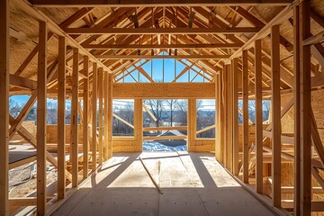 Obraz premium view from the inside of a frame house that is still being built from wooden beams 