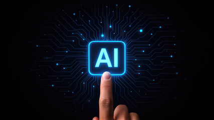 Human finger touches glowing blue AI symbol on digital circuit board artificial intelligence