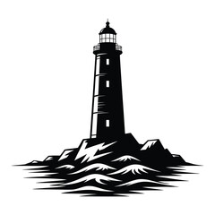 A black and white silhouette illustration of a lighthouse