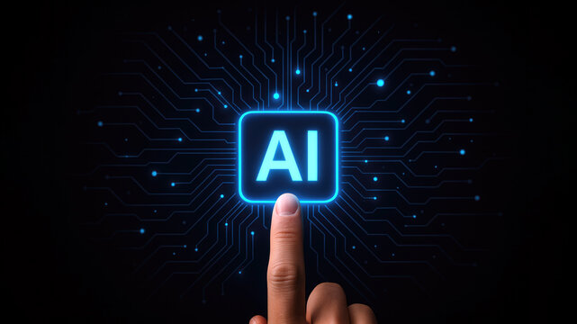 Human finger touches glowing blue AI symbol on digital circuit board artificial intelligence