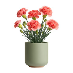 Obraz premium Beautiful Arrangement of Pink Carnations in a Tall Sage Green Pot on a Simple White Background