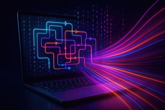 Laptop displaying glowing circuit pathways and digital data streams technology