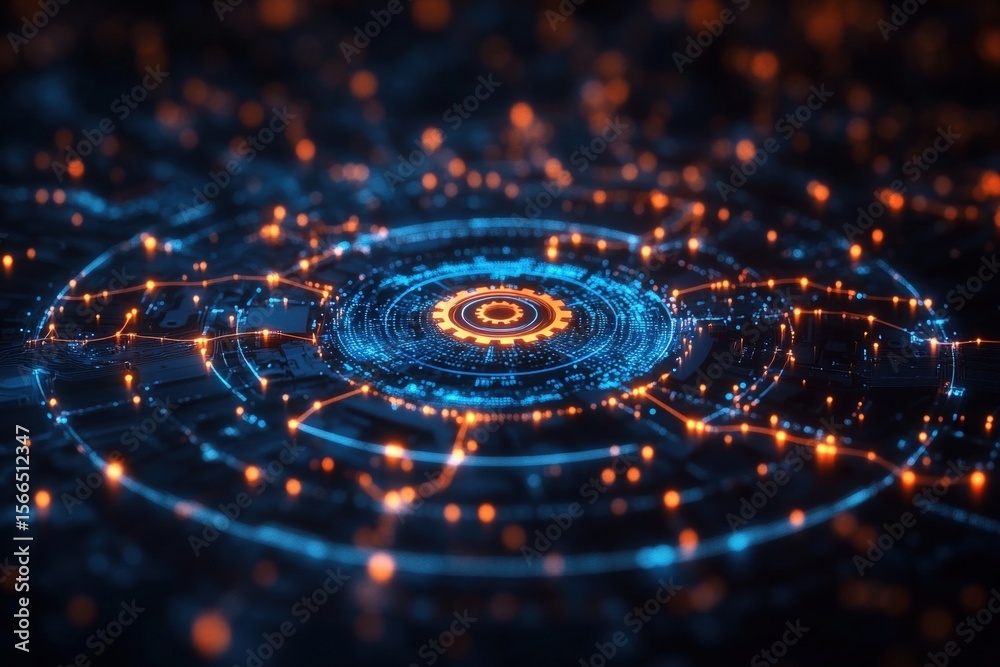 Poster a glowing futuristic digital interface with circular patterns and interconnected nodes in blue and o