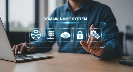 Modern DNS Dashboard Interface with Domain Name System Icons on Touchscreen, Cyber Security Access & Digital Hosting Concept for Web and IT Solutions