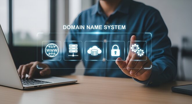 Modern DNS Dashboard Interface with Domain Name System Icons on Touchscreen, Cyber Security Access & Digital Hosting Concept for Web and IT Solutions
