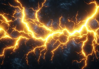 Bright yellow lightning bolts crackle across a dark stormy sky, creating an intense and electrifying visual effect.