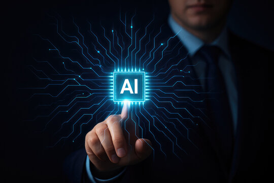 Man touching glowing artificial intelligence chip with circuit board technology image