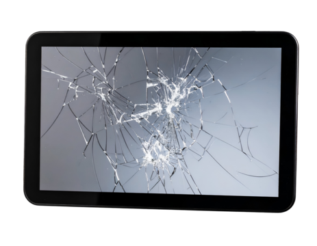 A sleek modern tablet device lies with its screen completely shattered by an unfortunate impact.