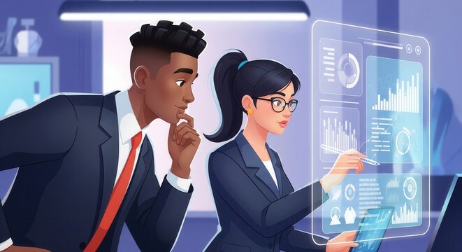 Two business colleagues analyze data on a futuristic holographic display in a modern office setting, planning business strategy.