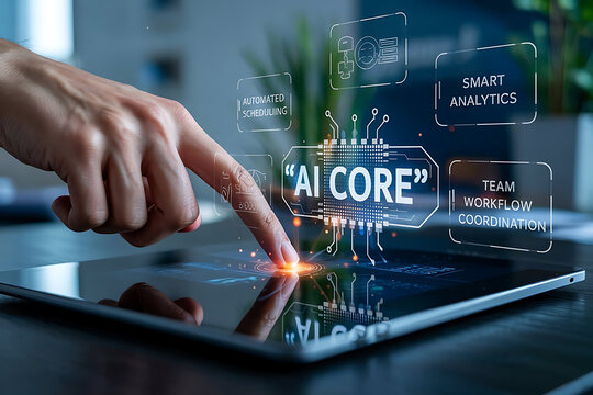 Person interacting with futuristic ai core interface on a tablet displaying smart analytics and workflow coordination