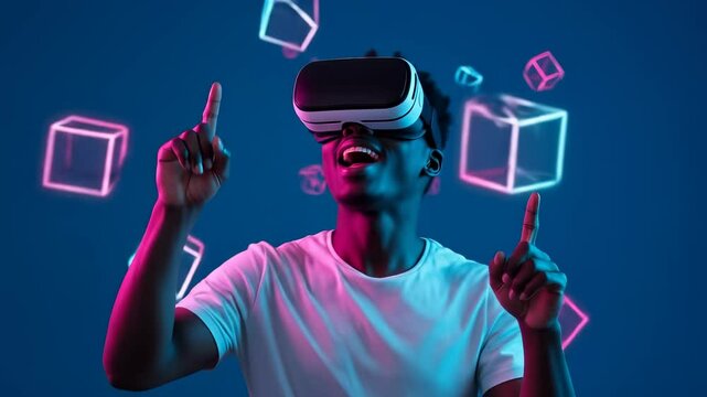Excitable African American Man in 20s Enjoys Immersive Virtual Reality Experience with Headset and Interactive Neon Cubes