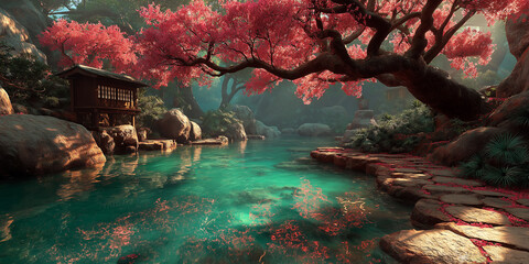 Stunning and serene Japanese garden scene, cherry blossom tree, turquoise-coloured pond, large smooth boulders, traditional Japanese wooden hut, diffused light radiating calm and natural beauty. 2:1.