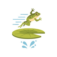 Obraz premium Jumping Frog Over Lily Pad with Splash and Motion Lines, Flat Icon