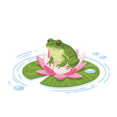 Naklejka premium Green Frog on Blooming Pink Lily Pad with Water Ripples, Flat Vector