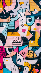 Obraz premium Playful Abstract Art: A Wall Covered in Geometric Shapes and Whimsical Characters