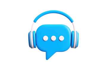 Blue 3D speech bubble with three dots adorned with white and blue headphones against a black backdrop