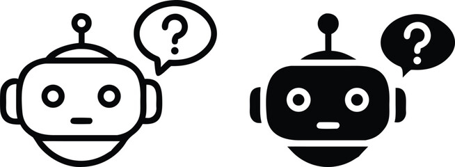 Question Bot Icon with Speech Bubble in Black and White Line Art Vector Style