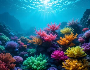 Obraz premium Vibrant coral reef ecosystem under the sea with bright sunlight and colorful marine life formations