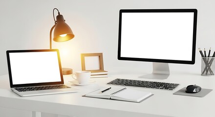 Modern minimalist workspace with dual screen mockup. Clean home office desk with computer, laptop, and glowing lamp for productive remote work or web design presentation.