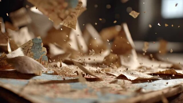 Military Maps and Old Papers Blowing Through Empty Room in Dramatic Light with Textures and Visual Chaos