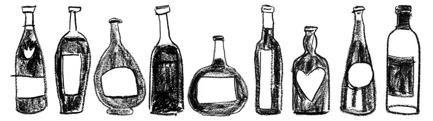 Set of vintage bottle silhouettes hand-drawn with wax crayons – rustic black and white sketch style illustration for packaging, bar menus, branding, and design projects.