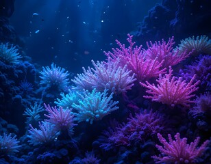 Obraz premium A vibrant underwater scene showcasing colorful coral formations in a dark blue ocean environment