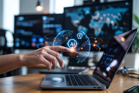 Human hand interacts with holographic ai globe and data on laptop screen in modern office