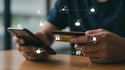 Mobile Banking Security: Adult using smartphone and credit card with data encryption for online finance safety. - Powered by Adobe